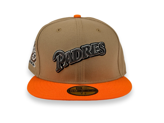 San Diego Padres New Era Cap 59FIFTY Fitted Hat Light Brown Crown Orange Visor Red Underbrim 25th Anniversary Side Patch