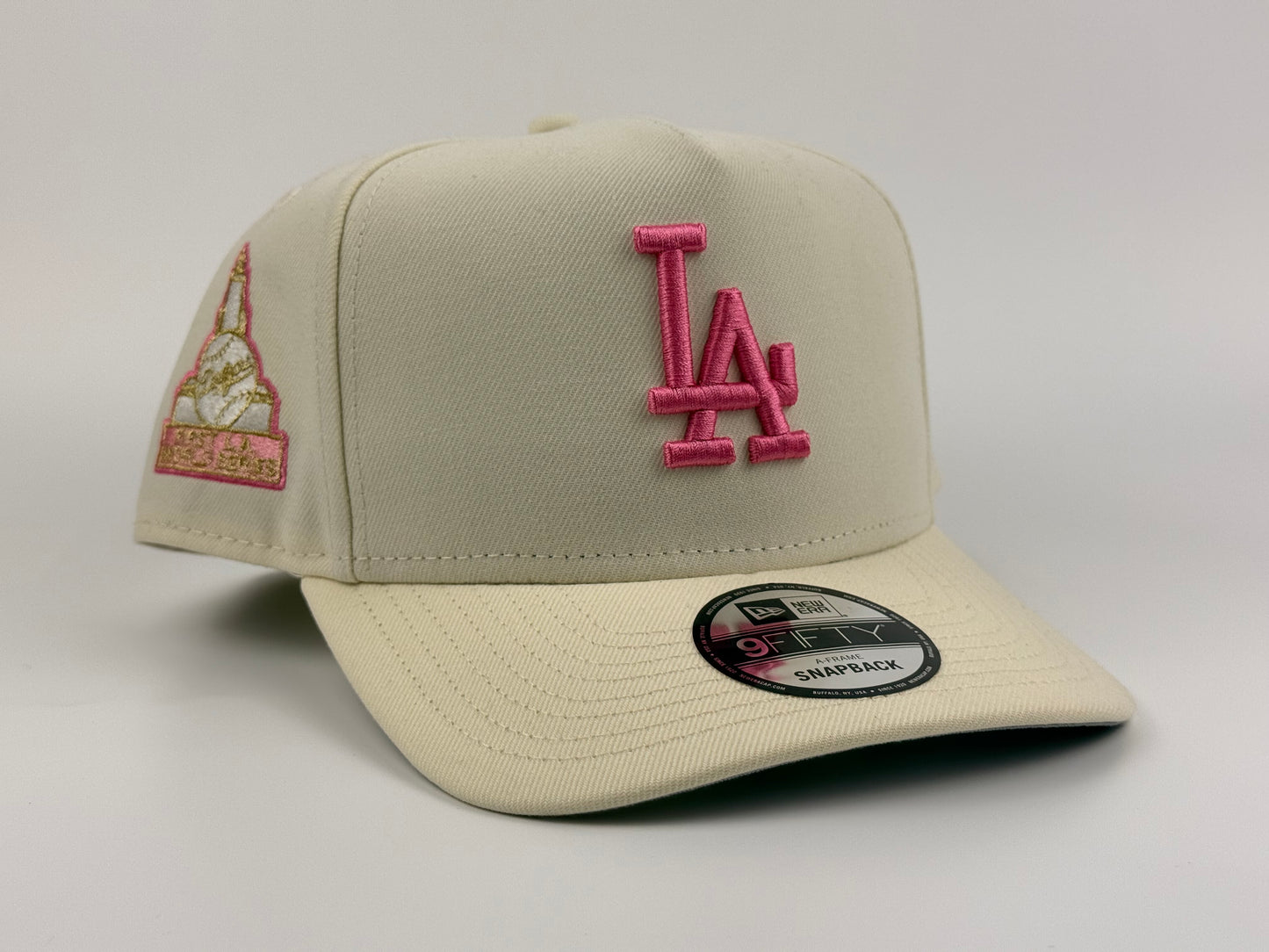 Los Angeles Dodgers New Era Cap 9FIFTY A-Frame Snapback Hat Full Cream with Pink First World Series Side Patch