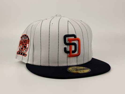 San Diego Padres Pinstripe New Era Cap 59FIFTY Fitted Hat White Crown Navy Blue Visor 25th Anniversary Side Patch
