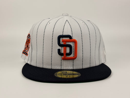 San Diego Padres Pinstripe New Era Cap 59FIFTY Fitted Hat White Crown Navy Blue Visor 25th Anniversary Side Patch
