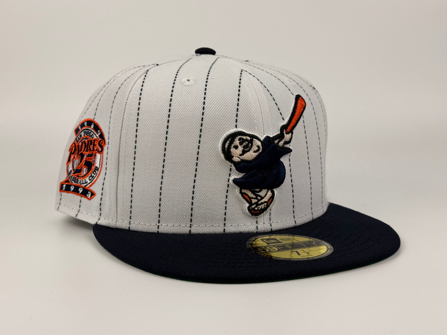 San Diego Padres Swinging Friar Pinstripes New Era Cap 59FIFTY Fitted Hat White Crown Navy Blue Visor 25th Anniversary Side Patch