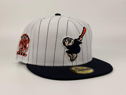 San Diego Padres Swinging Friar Pinstripes New Era Cap 59FIFTY Fitted Hat White Crown Navy Blue Visor 25th Anniversary Side Patch