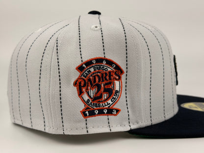 San Diego Padres Swinging Friar Pinstripes New Era Cap 59FIFTY Fitted Hat White Crown Navy Blue Visor 25th Anniversary Side Patch